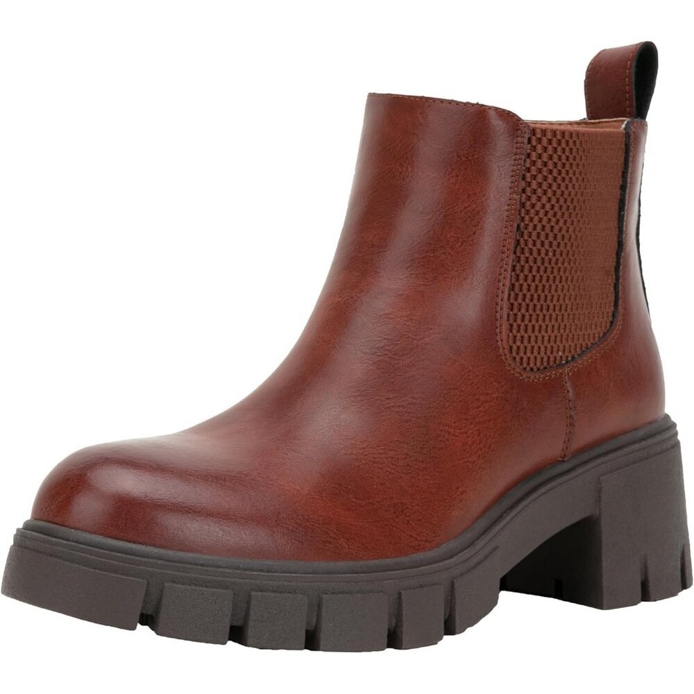 Vepose Women's Cognac Faux Leather Lug Sole Elastic Slip on Ankle Booties